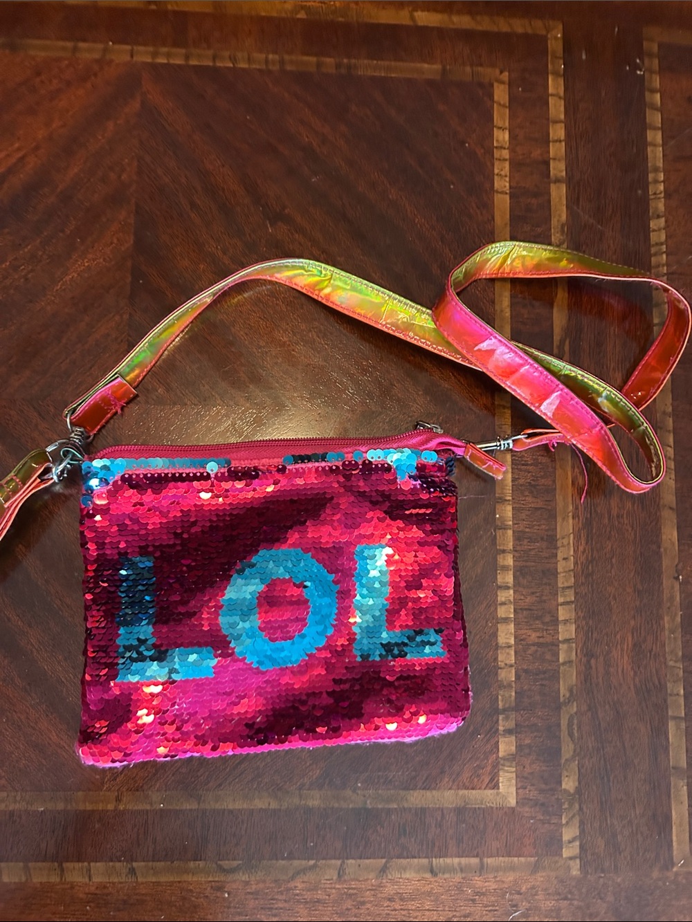 Sequin 'LOL' Crossbody Bag - Pink Blue